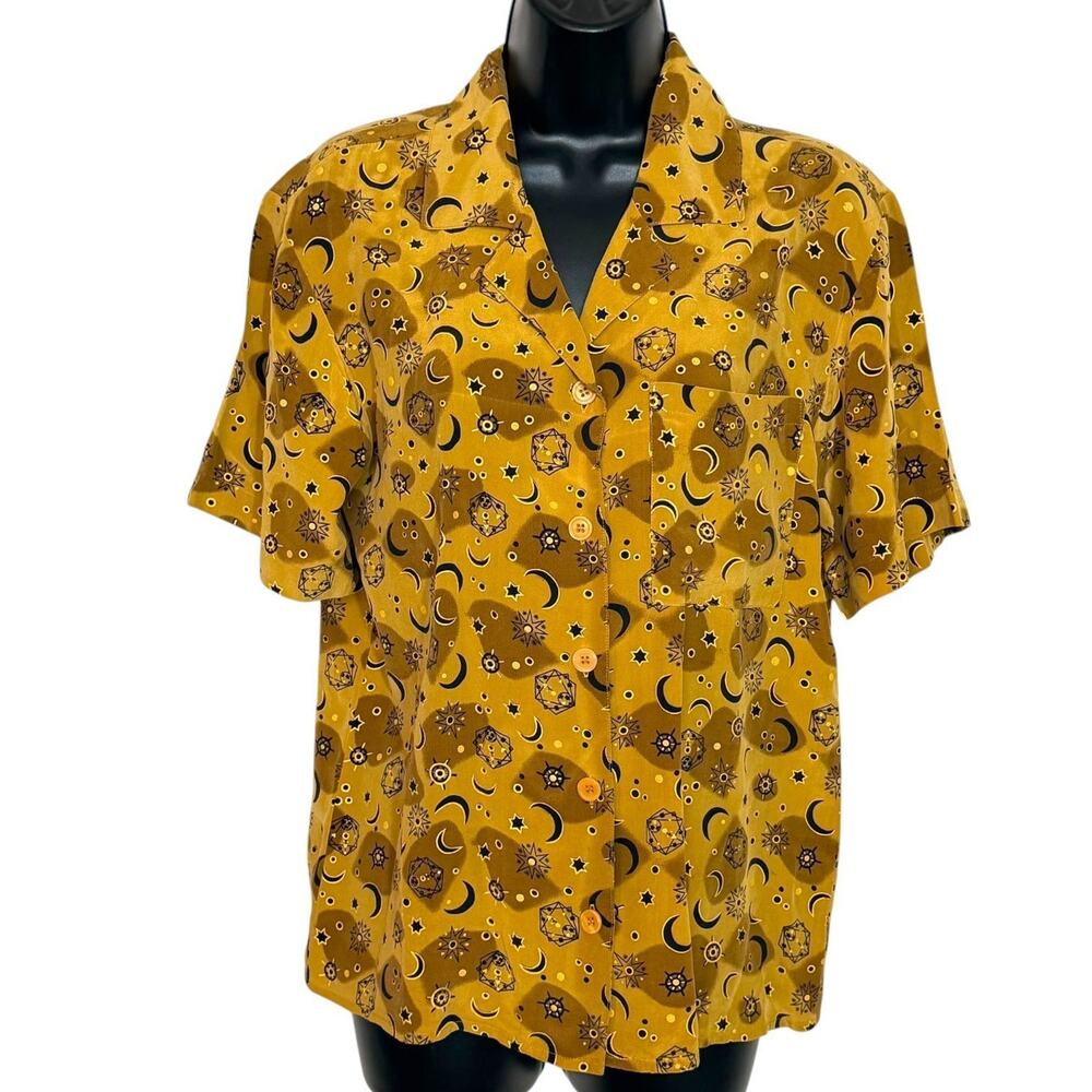 VTG 90s Mark Shale Silk Celestial Sun Moon Star Button Up Shirt Whimsigoth Sz 4